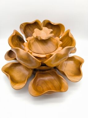 Vintage MCM Monkey Pod Wood Lotus Flower Lazy Susan Serving Set - 14 Pc